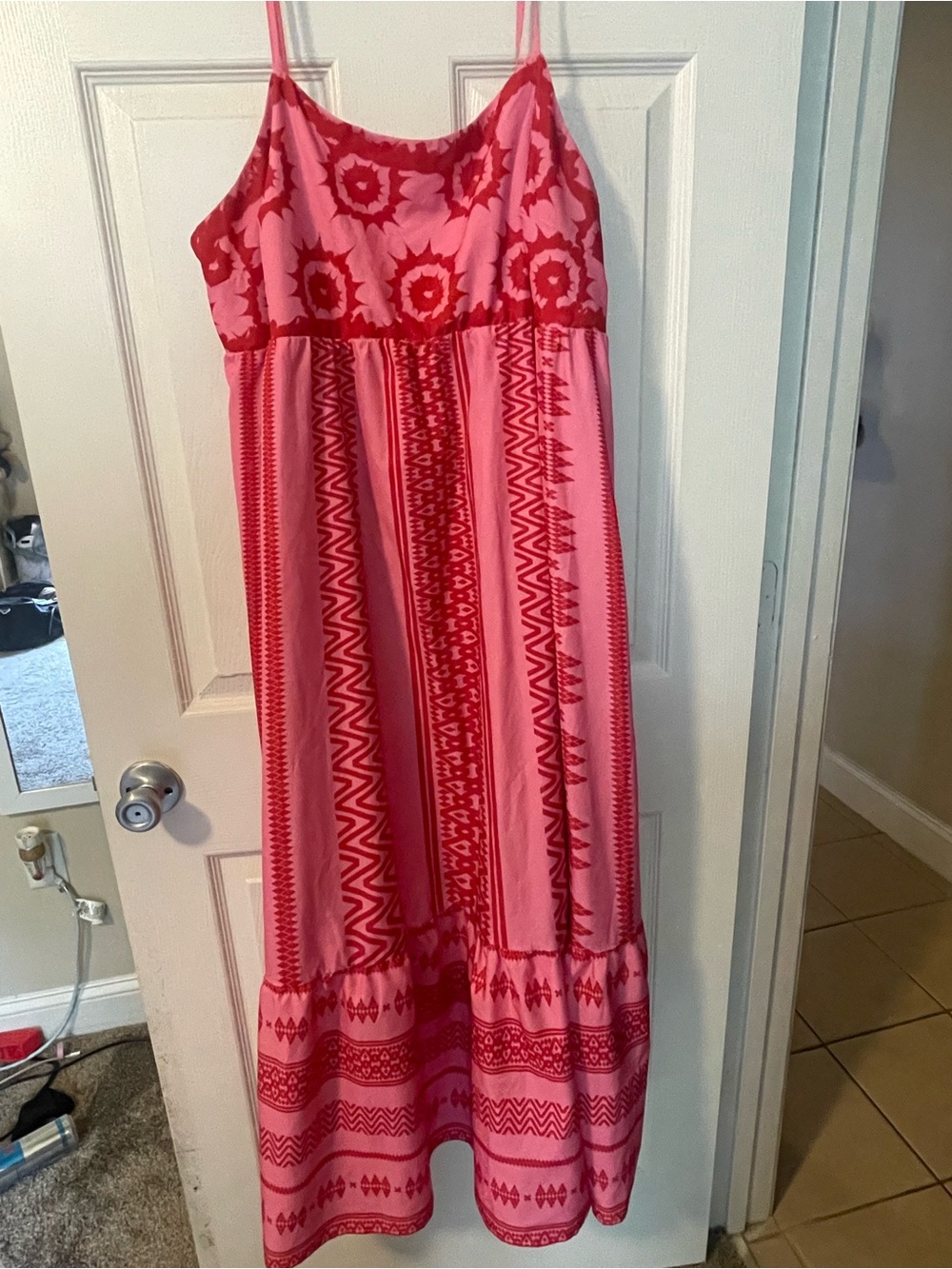 Girls' Pink Patterned Maxi Dress - Sleeveless Spaghetti Strap